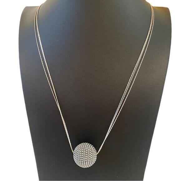 Silver Ball Pendant Necklace on Thin Triple Layered Silver Toned Chain. - Picture 2 of 7